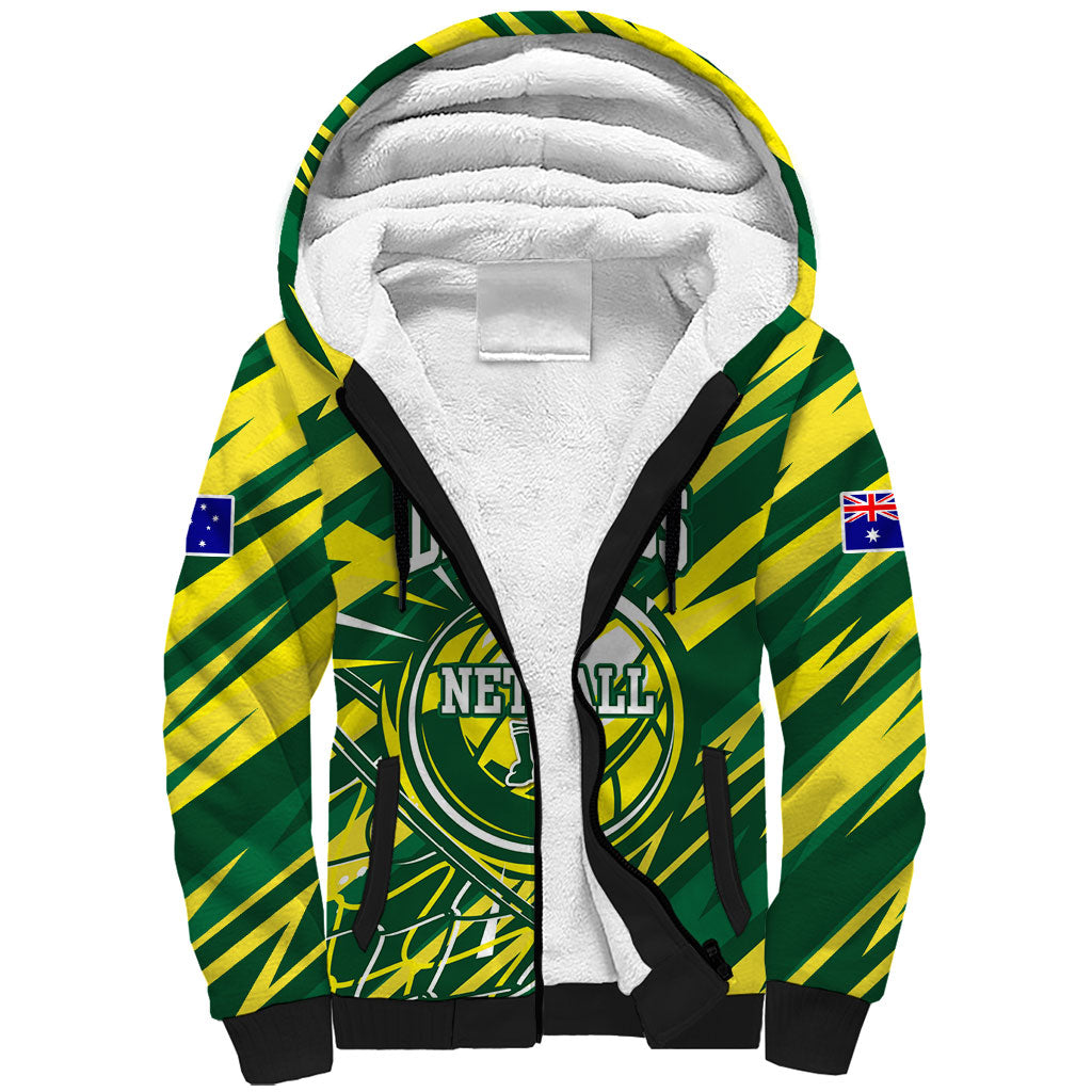 Australian Diamonds Netball Sherpa Hoodie Sharp Abstract Slash Pattern With Netball Graphic Art
