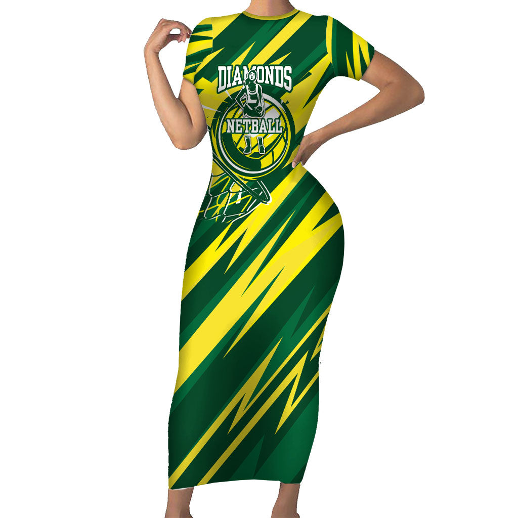 Australian Diamonds Netball Short Sleeve Bodycon Dress Sharp Abstract Slash Pattern With Netball Graphic Art