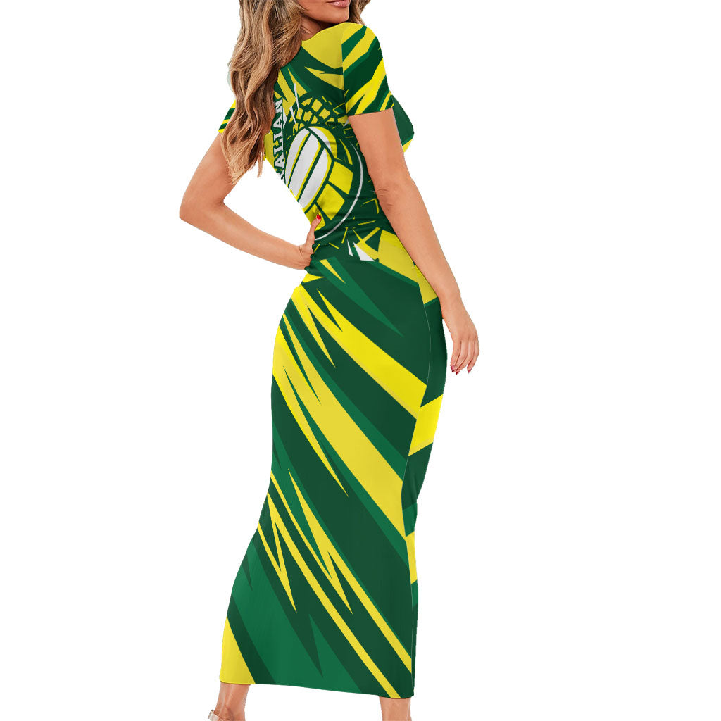 Australian Diamonds Netball Short Sleeve Bodycon Dress Sharp Abstract Slash Pattern With Netball Graphic Art
