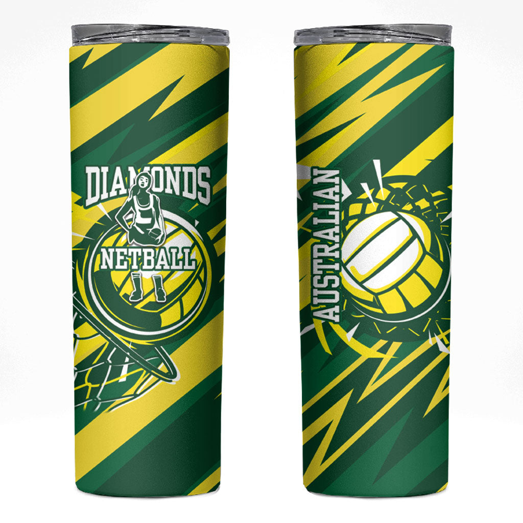 Australian Diamonds Netball Skinny Tumbler Sharp Abstract Slash Pattern With Netball Graphic Art