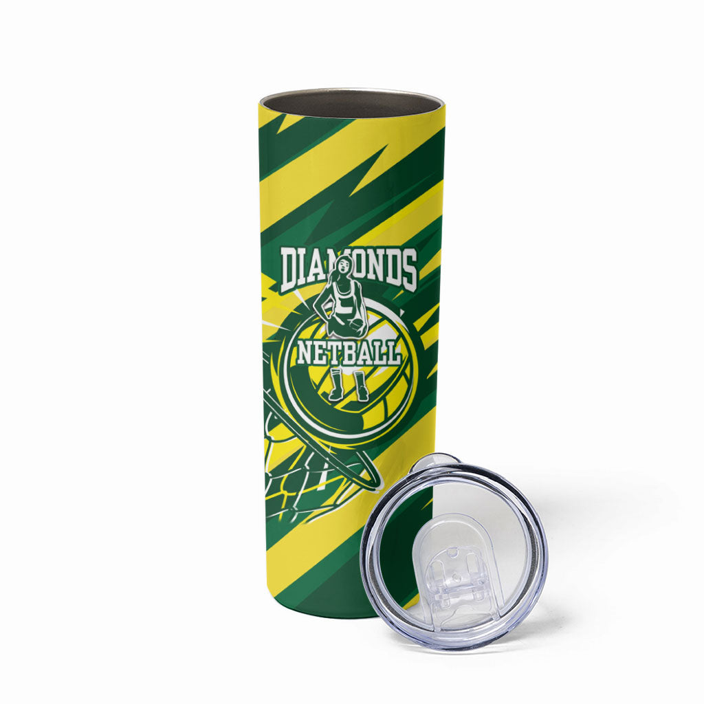 Australian Diamonds Netball Skinny Tumbler Sharp Abstract Slash Pattern With Netball Graphic Art