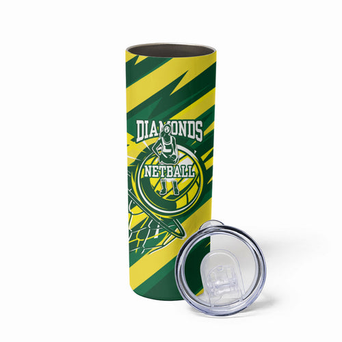 Australian Diamonds Netball Skinny Tumbler Sharp Abstract Slash Pattern With Netball Graphic Art