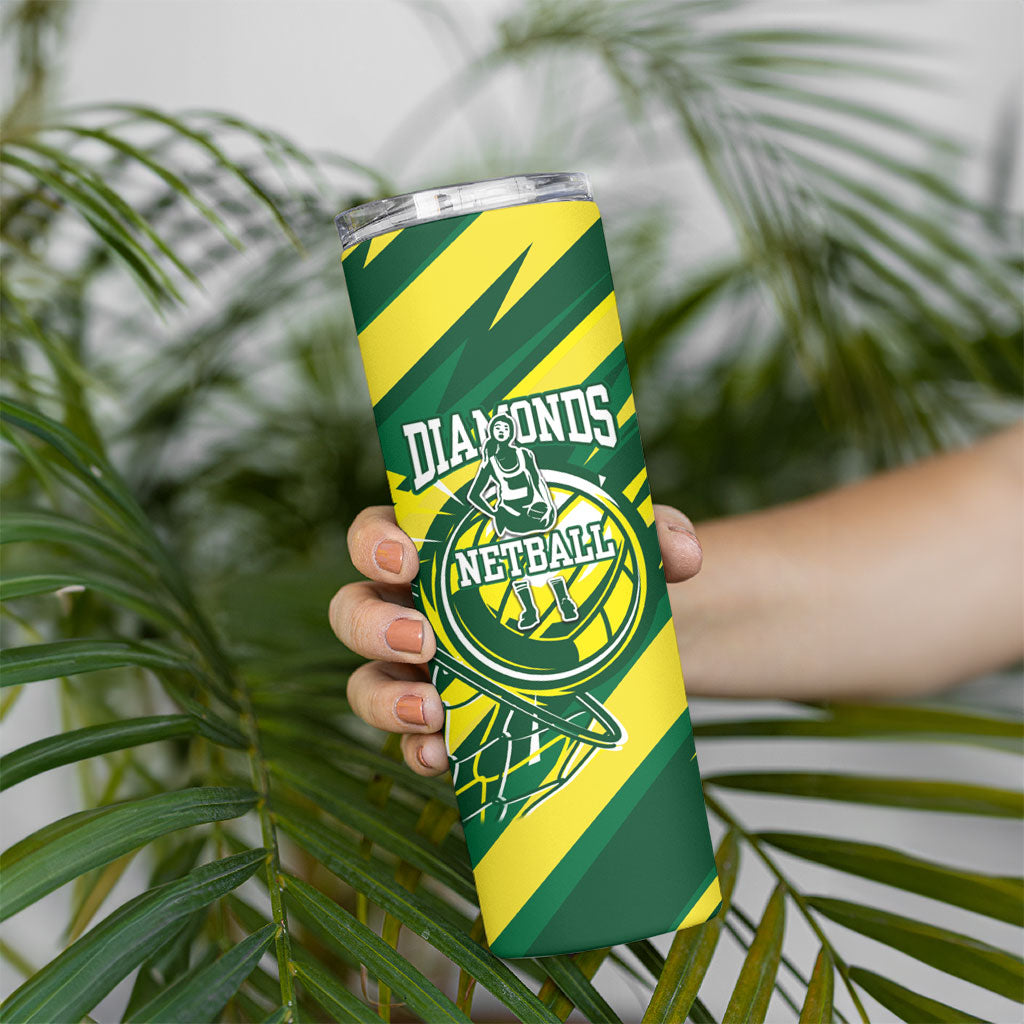 Australian Diamonds Netball Skinny Tumbler Sharp Abstract Slash Pattern With Netball Graphic Art