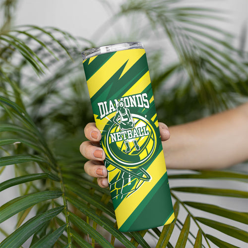 Australian Diamonds Netball Skinny Tumbler Sharp Abstract Slash Pattern With Netball Graphic Art