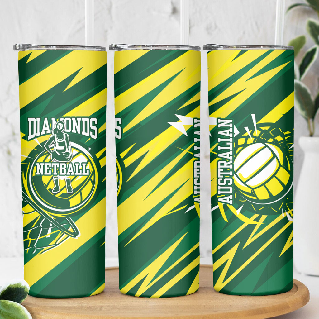 Australian Diamonds Netball Skinny Tumbler Sharp Abstract Slash Pattern With Netball Graphic Art