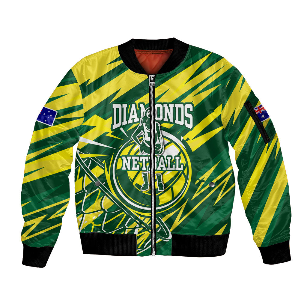 Australian Diamonds Netball Sleeve Zip Bomber Jacket Sharp Abstract Slash Pattern With Netball Graphic Art