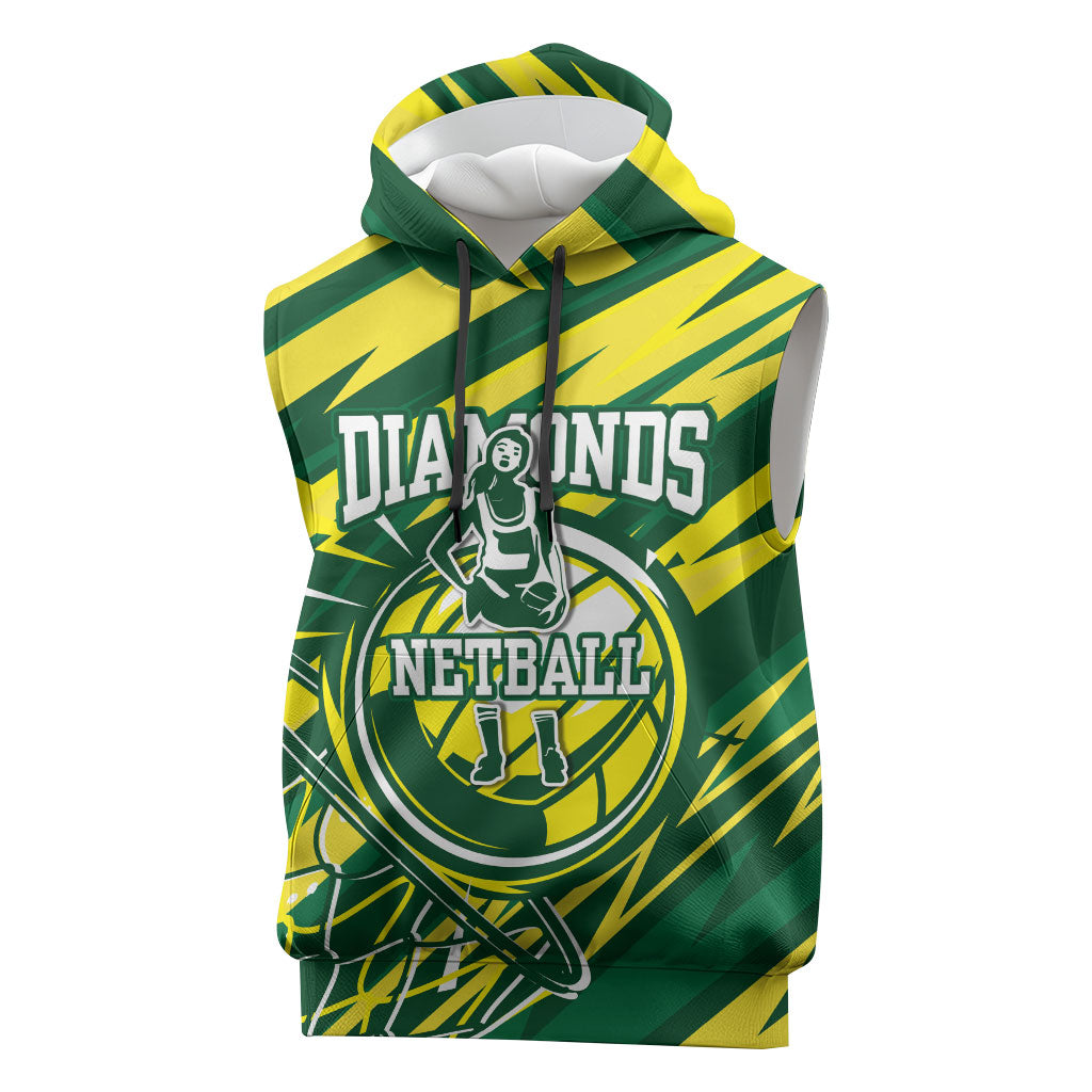 Australian Diamonds Netball Sleeveless Hoodie Sharp Abstract Slash Pattern With Netball Graphic Art