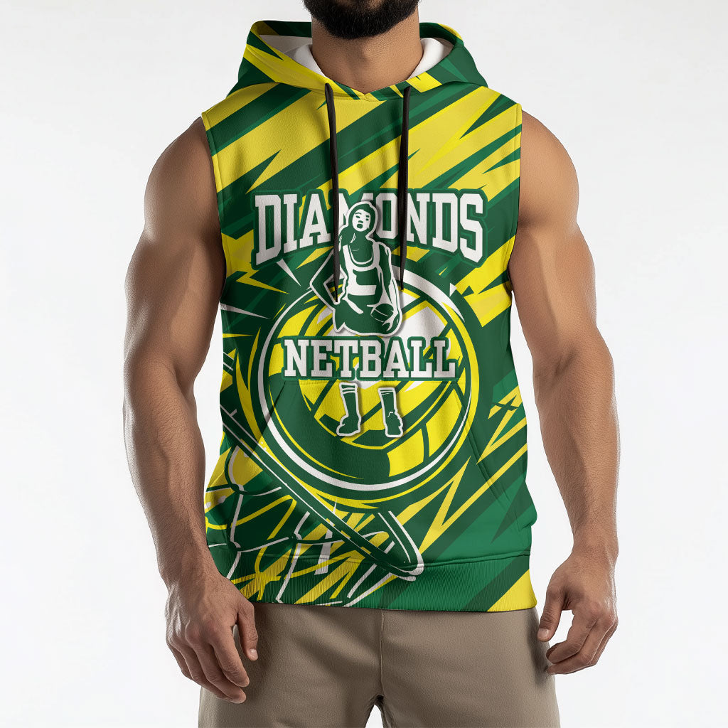 Australian Diamonds Netball Sleeveless Hoodie Sharp Abstract Slash Pattern With Netball Graphic Art
