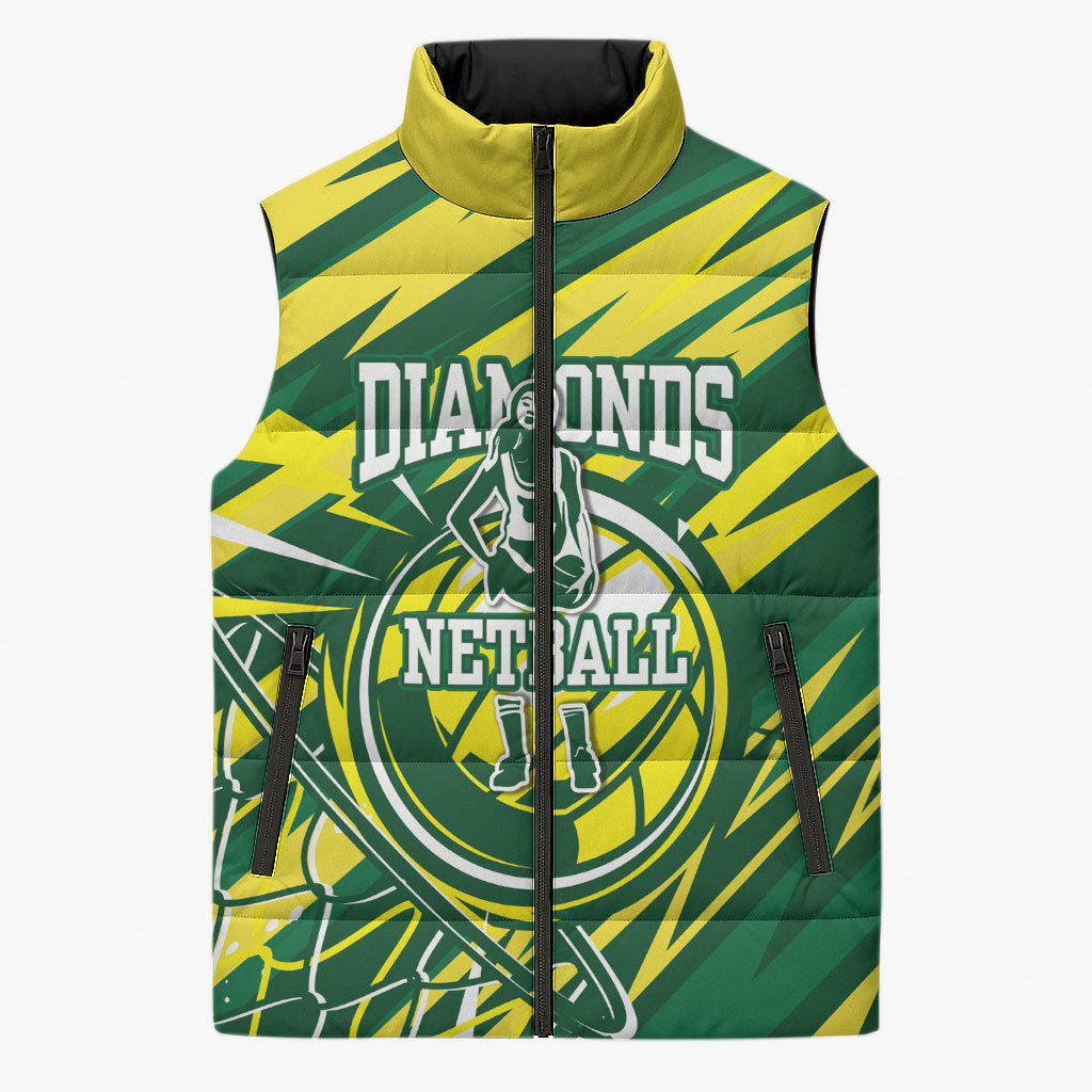 Australian Diamonds Netball Sleeveless Puffer Jacket Sharp Abstract Slash Pattern With Netball Graphic Art
