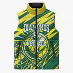 Australian Diamonds Netball Sleeveless Puffer Jacket Sharp Abstract Slash Pattern With Netball Graphic Art
