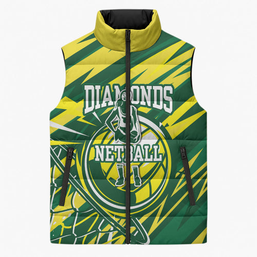 Australian Diamonds Netball Sleeveless Puffer Jacket Sharp Abstract Slash Pattern With Netball Graphic Art