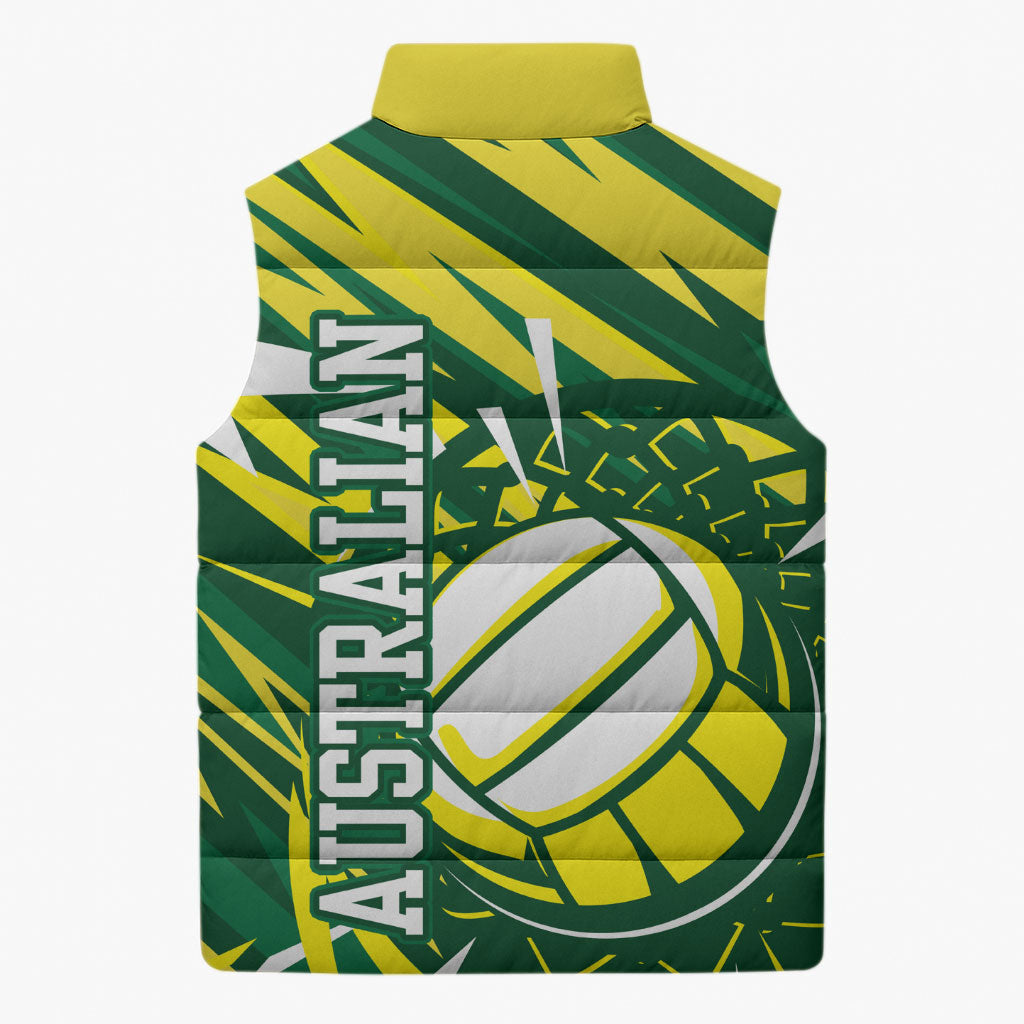Australian Diamonds Netball Sleeveless Puffer Jacket Sharp Abstract Slash Pattern With Netball Graphic Art