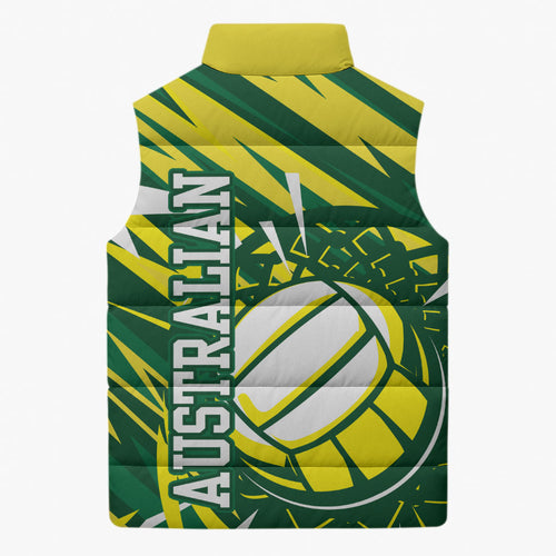 Australian Diamonds Netball Sleeveless Puffer Jacket Sharp Abstract Slash Pattern With Netball Graphic Art