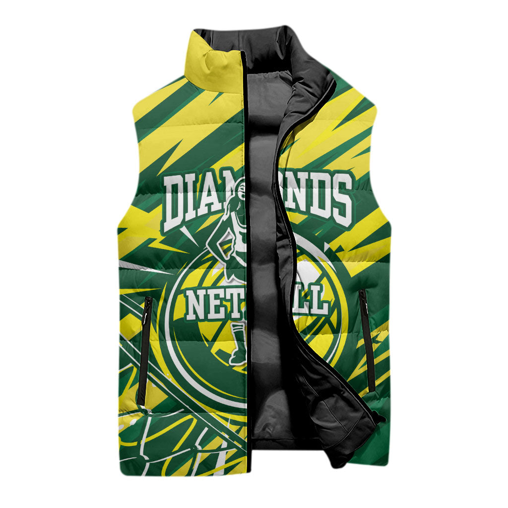 Australian Diamonds Netball Sleeveless Puffer Jacket Sharp Abstract Slash Pattern With Netball Graphic Art