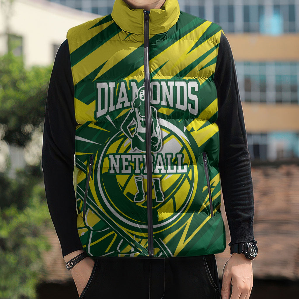 Australian Diamonds Netball Sleeveless Puffer Jacket Sharp Abstract Slash Pattern With Netball Graphic Art