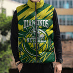 Australian Diamonds Netball Sleeveless Puffer Jacket Sharp Abstract Slash Pattern With Netball Graphic Art