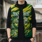 Australian Diamonds Netball Sleeveless Puffer Jacket Sharp Abstract Slash Pattern With Netball Graphic Art