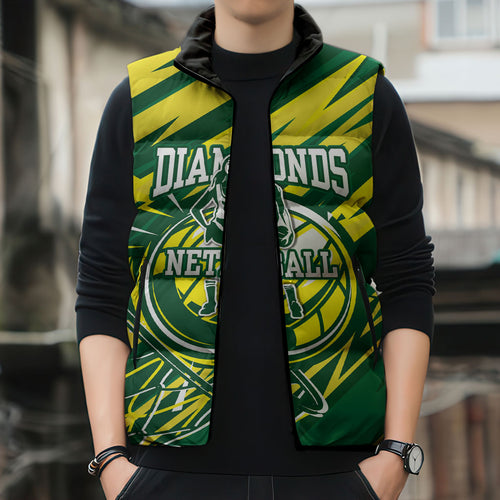 Australian Diamonds Netball Sleeveless Puffer Jacket Sharp Abstract Slash Pattern With Netball Graphic Art