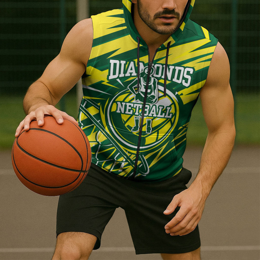 Australian Diamonds Netball Sleeveless Zip Hoodie Sharp Abstract Slash Pattern With Netball Graphic Art