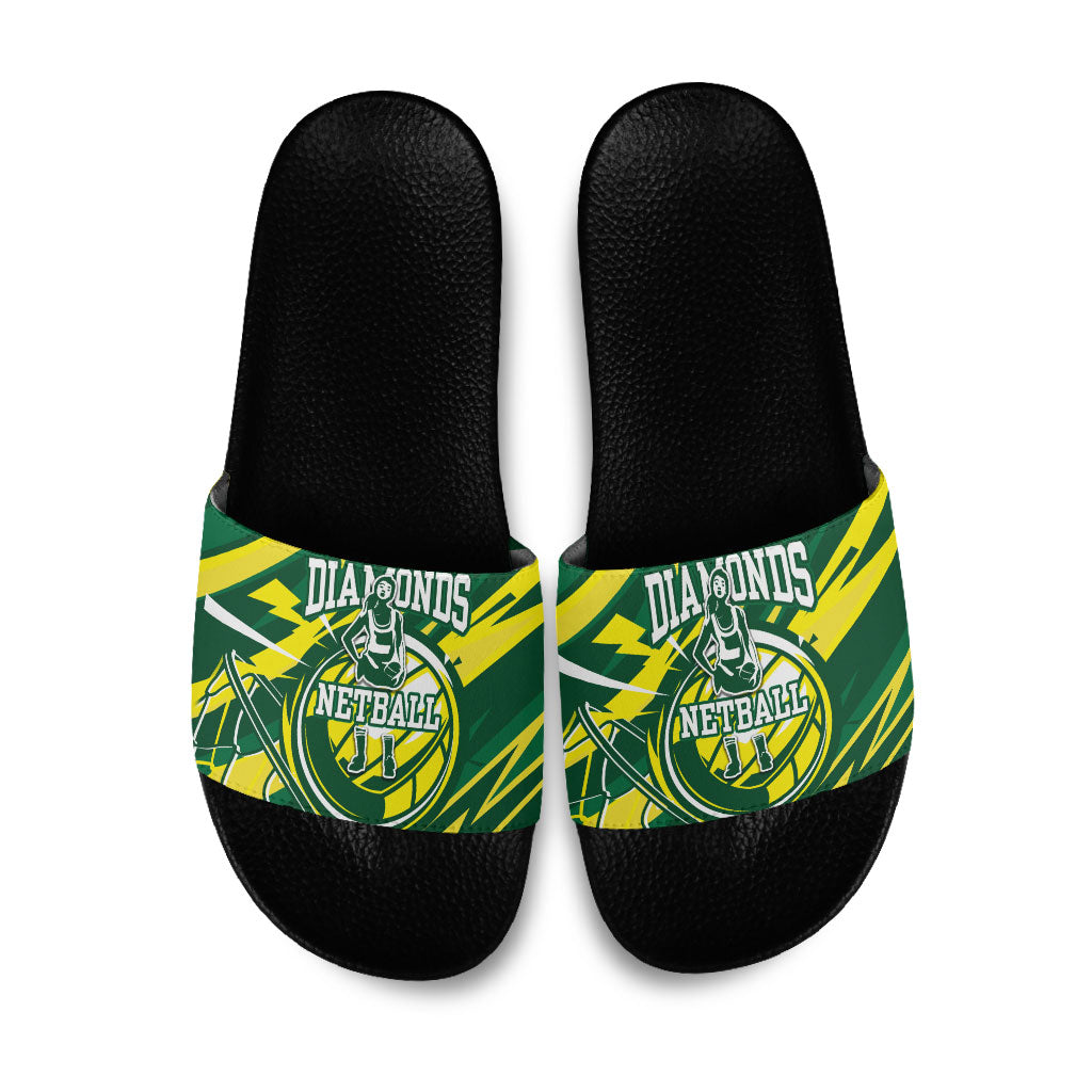Australian Diamonds Netball Slide Sandals Sharp Abstract Slash Pattern With Netball Graphic Art