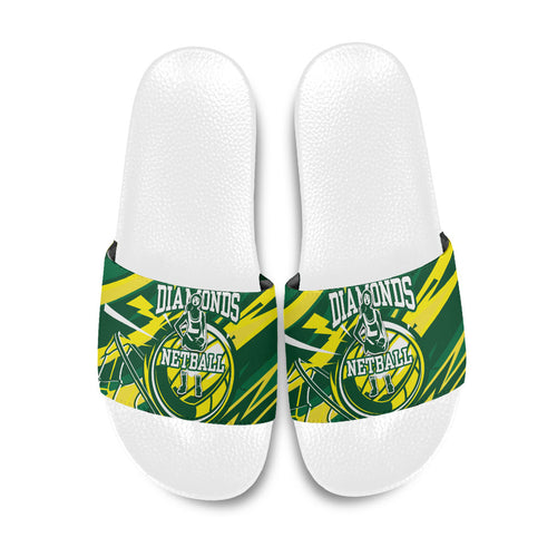 Australian Diamonds Netball Slide Sandals Sharp Abstract Slash Pattern With Netball Graphic Art