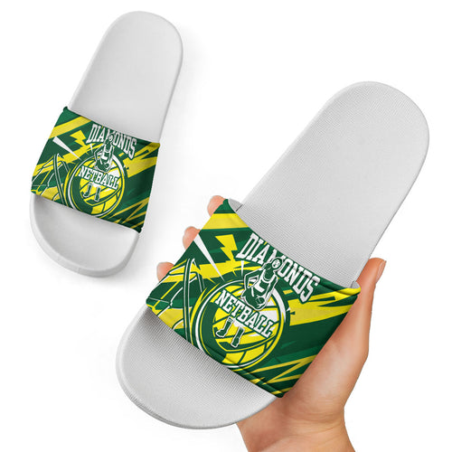 Australian Diamonds Netball Slide Sandals Sharp Abstract Slash Pattern With Netball Graphic Art