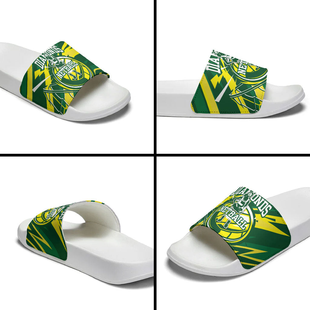 Australian Diamonds Netball Slide Sandals Sharp Abstract Slash Pattern With Netball Graphic Art