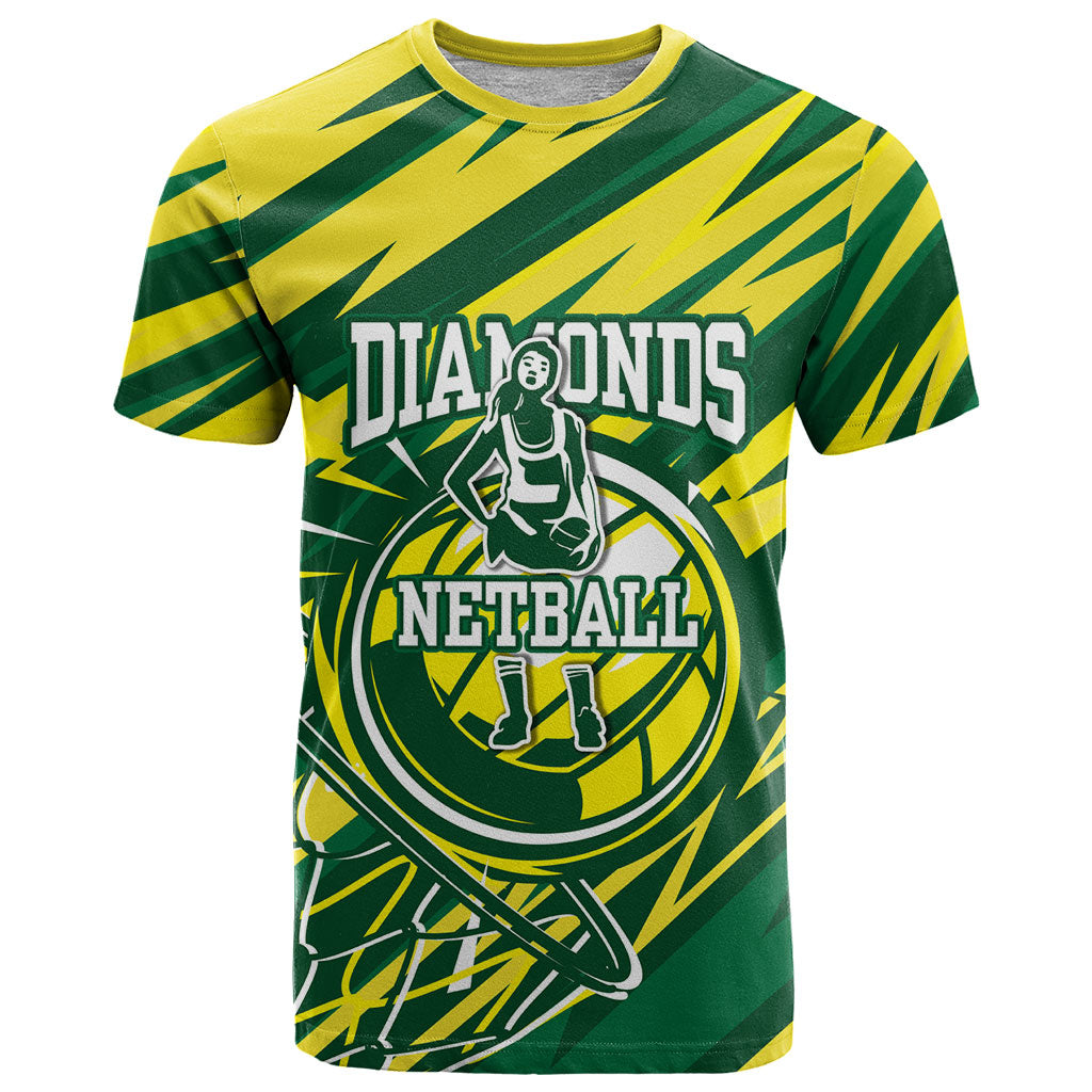 Australian Diamonds Netball T Shirt Sharp Abstract Slash Pattern With Netball Graphic Art