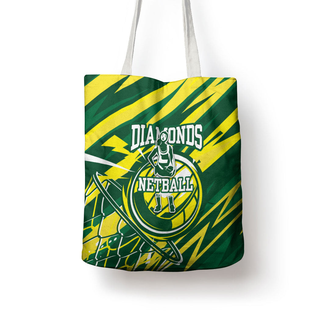 Australian Diamonds Netball Tote Bag Sharp Abstract Slash Pattern With Netball Graphic Art