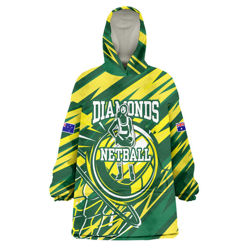 Australian Diamonds Netball Wearable Blanket Hoodie Sharp Abstract Slash Pattern With Netball Graphic Art