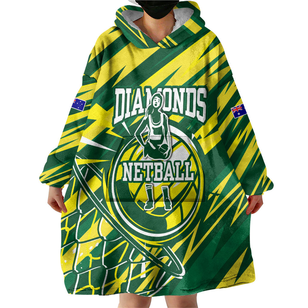 Australian Diamonds Netball Wearable Blanket Hoodie Sharp Abstract Slash Pattern With Netball Graphic Art