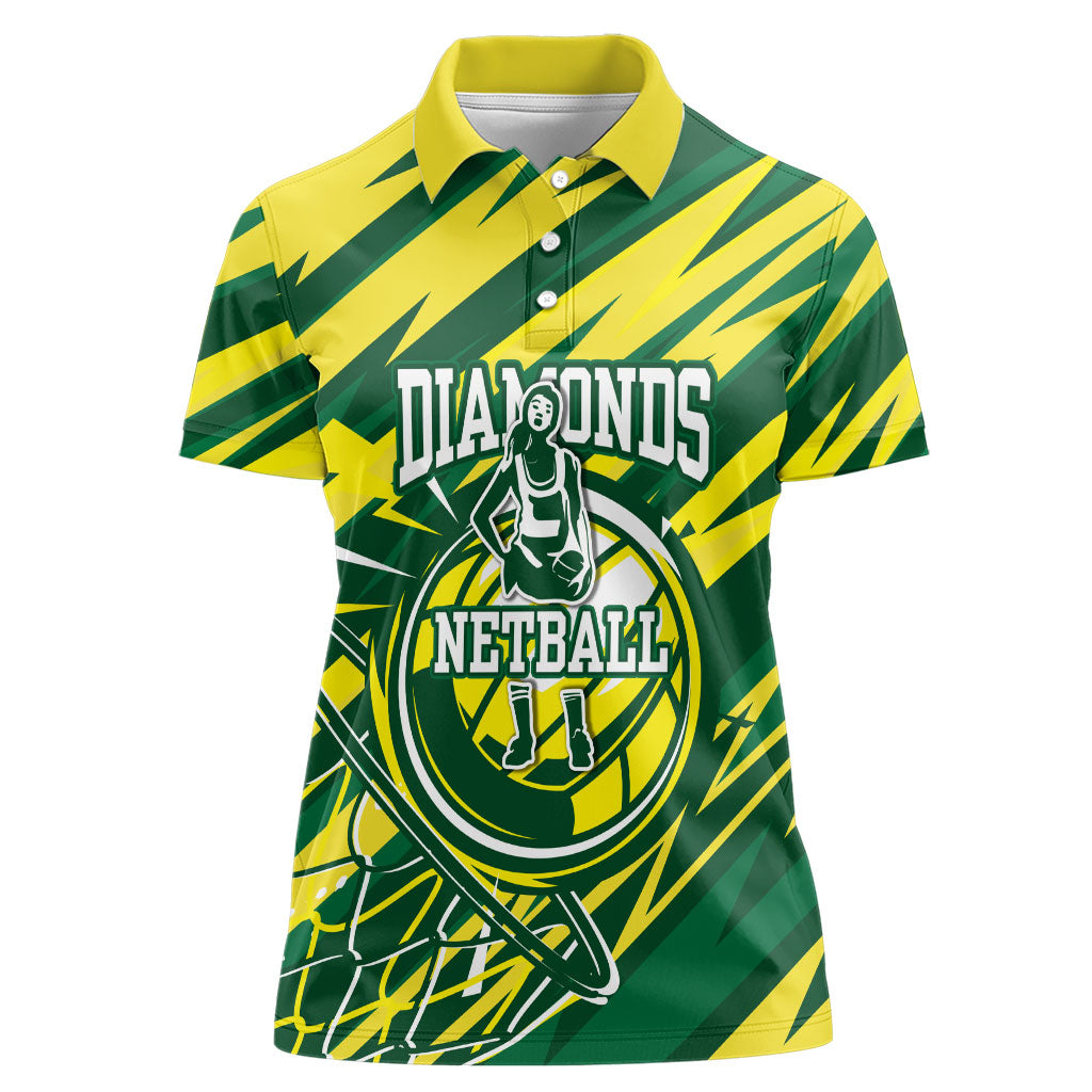 Australian Diamonds Netball Women Polo Shirt Sharp Abstract Slash Pattern With Netball Graphic Art