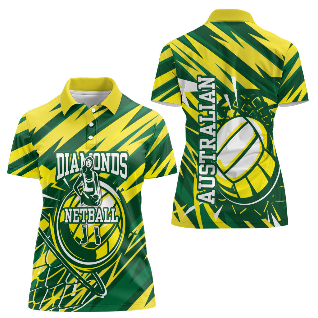 Australian Diamonds Netball Women Polo Shirt Sharp Abstract Slash Pattern With Netball Graphic Art