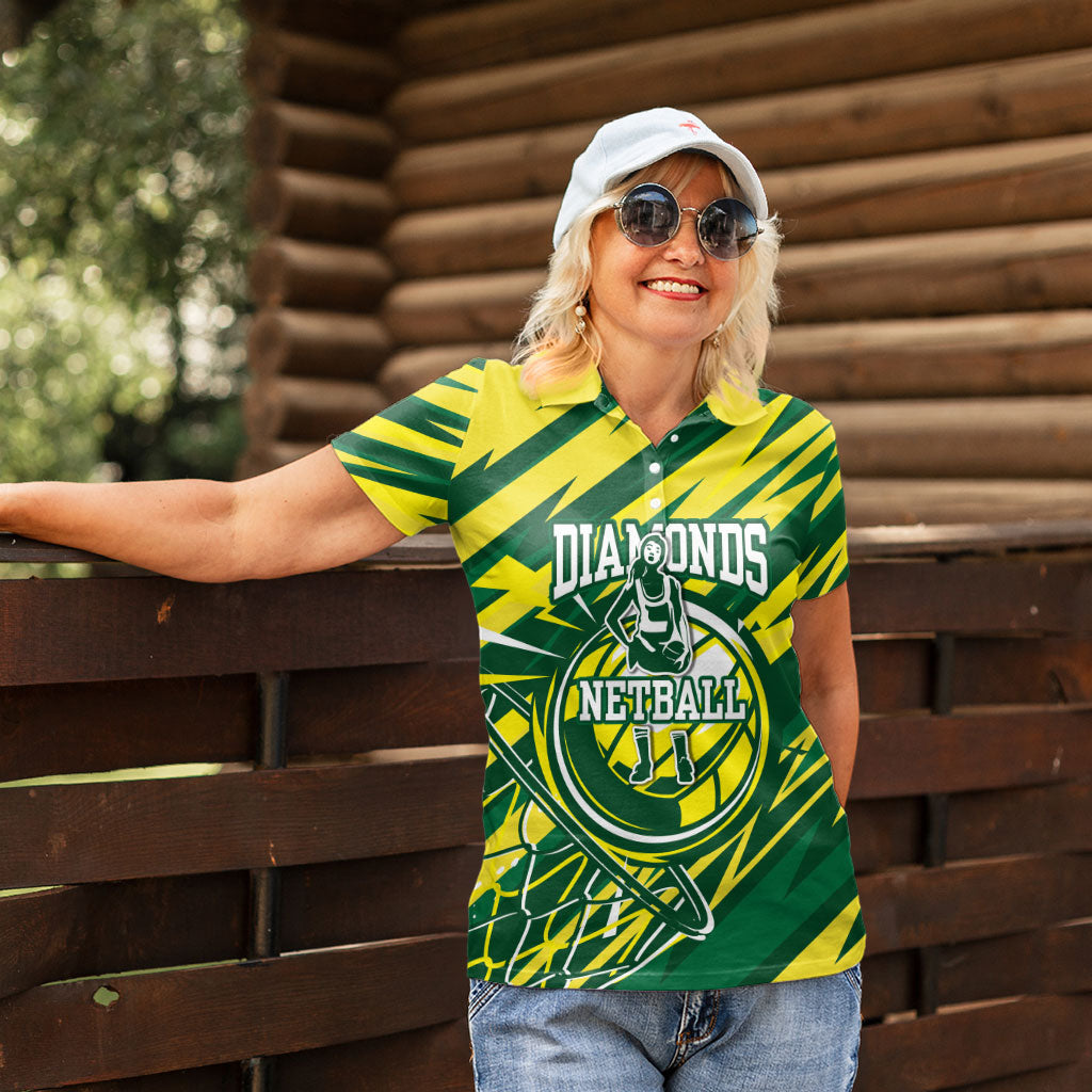 Australian Diamonds Netball Women Polo Shirt Sharp Abstract Slash Pattern With Netball Graphic Art