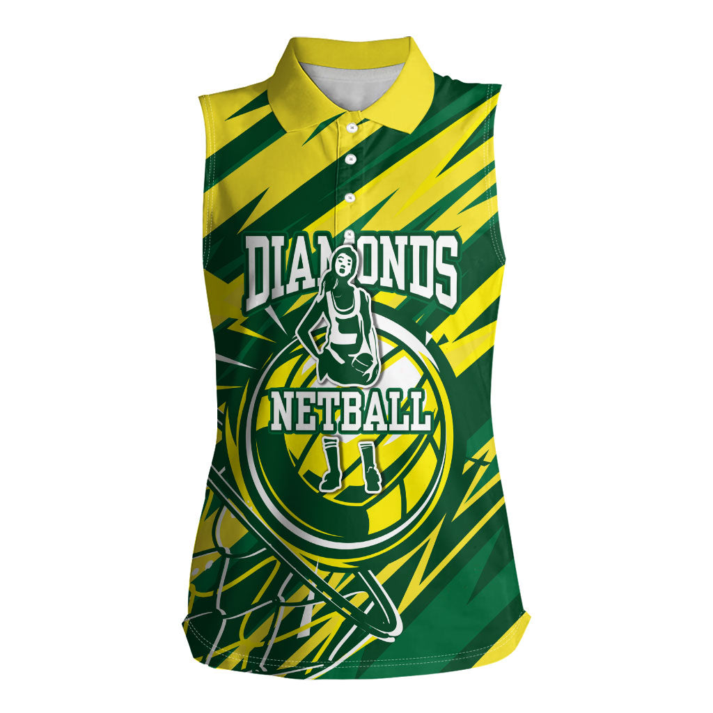 Australian Diamonds Netball Women Sleeveless Polo Shirt Sharp Abstract Slash Pattern With Netball Graphic Art