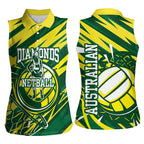 Australian Diamonds Netball Women Sleeveless Polo Shirt Sharp Abstract Slash Pattern With Netball Graphic Art