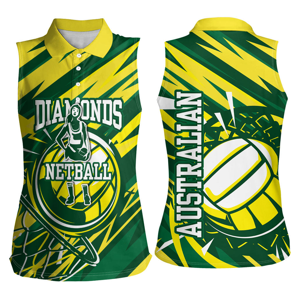 Australian Diamonds Netball Women Sleeveless Polo Shirt Sharp Abstract Slash Pattern With Netball Graphic Art