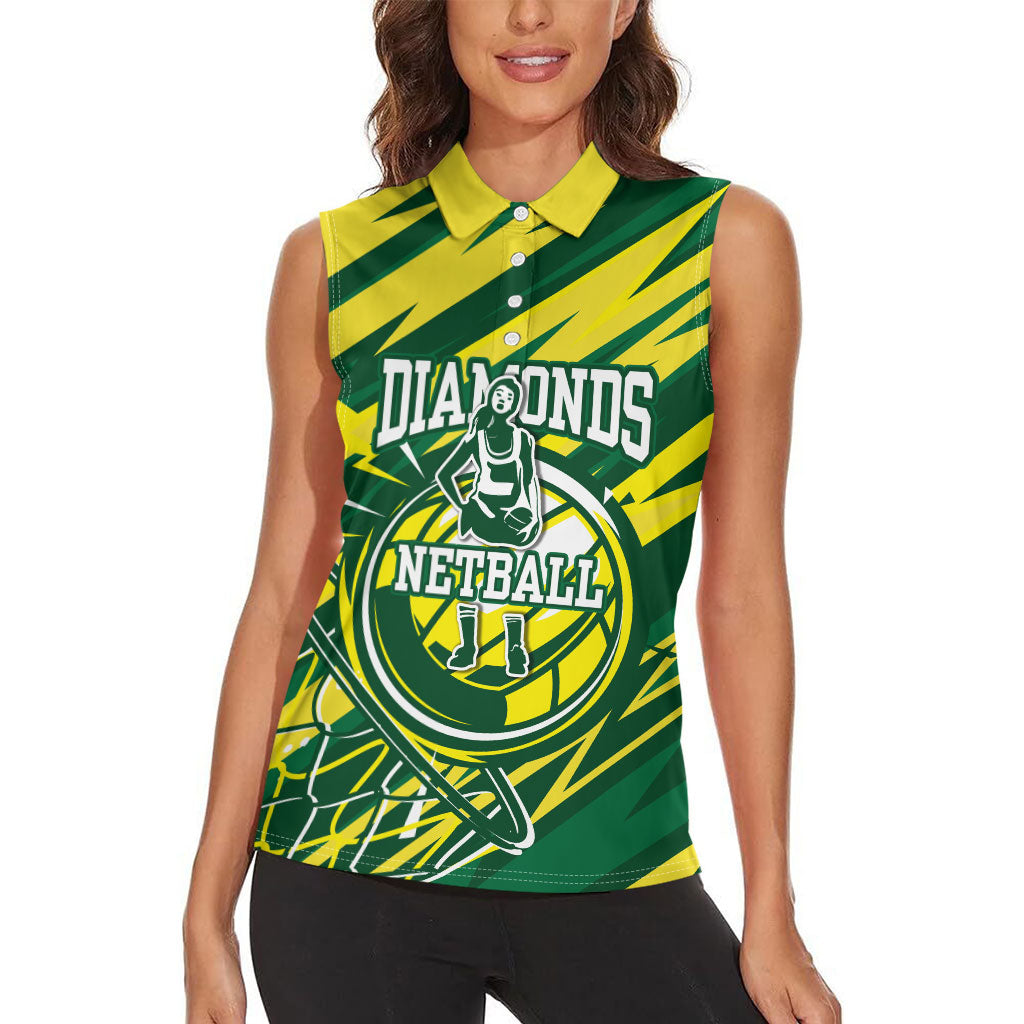 Australian Diamonds Netball Women Sleeveless Polo Shirt Sharp Abstract Slash Pattern With Netball Graphic Art