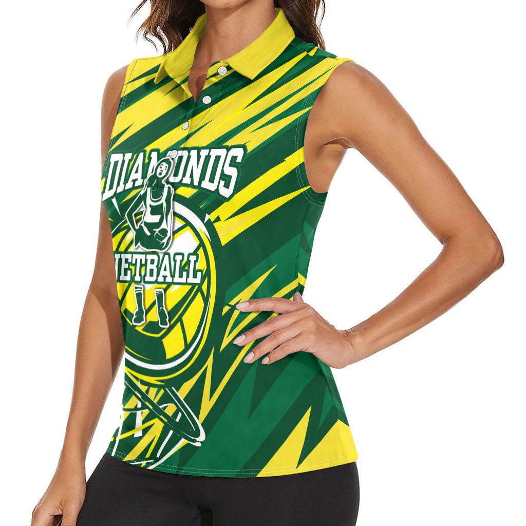 Australian Diamonds Netball Women Sleeveless Polo Shirt Sharp Abstract Slash Pattern With Netball Graphic Art