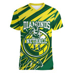 Australian Diamonds Netball Women V-Neck T-Shirt Sharp Abstract Slash Pattern With Netball Graphic Art