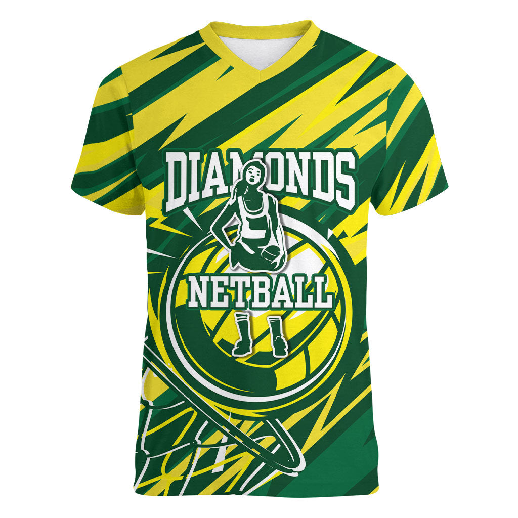 Australian Diamonds Netball Women V-Neck T-Shirt Sharp Abstract Slash Pattern With Netball Graphic Art