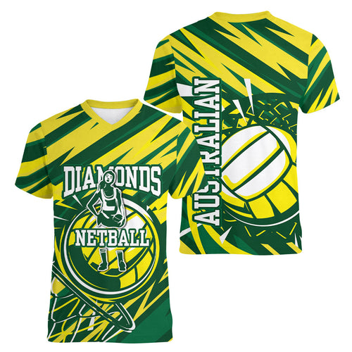 Australian Diamonds Netball Women V-Neck T-Shirt Sharp Abstract Slash Pattern With Netball Graphic Art