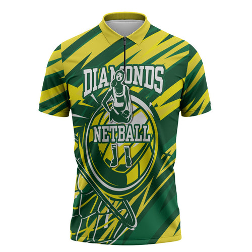 Australian Diamonds Netball Zipper Polo Shirt Sharp Abstract Slash Pattern With Netball Graphic Art