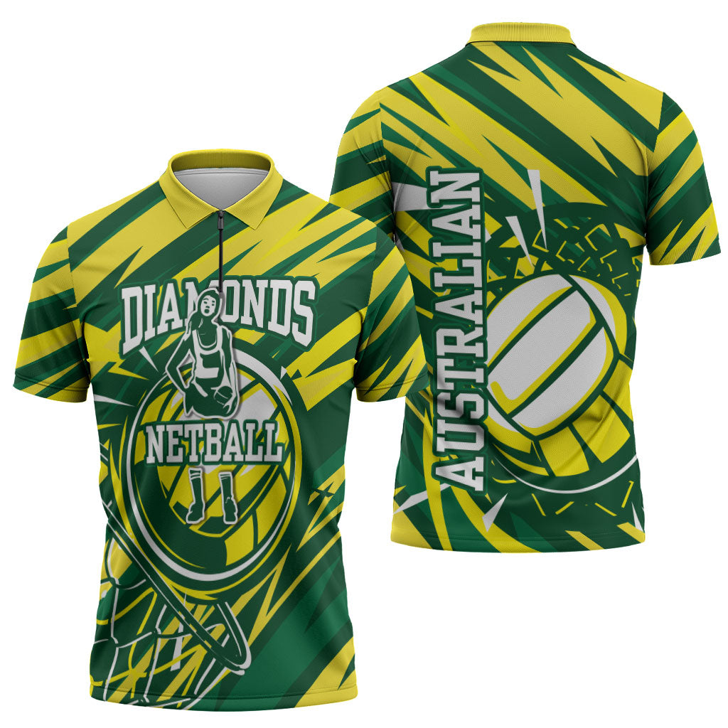 Australian Diamonds Netball Zipper Polo Shirt Sharp Abstract Slash Pattern With Netball Graphic Art