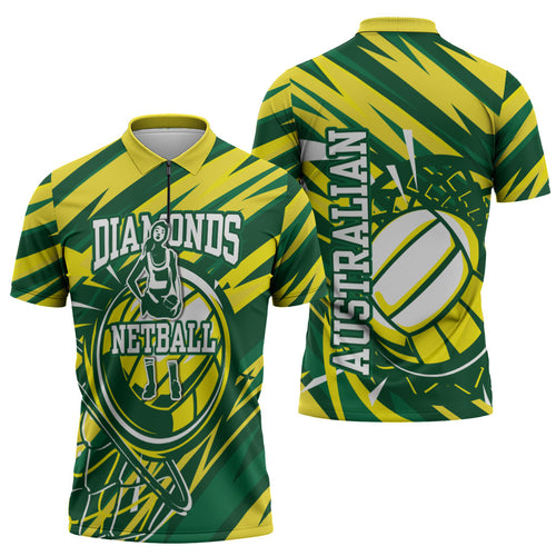 Australian Diamonds Netball Zipper Polo Shirt Sharp Abstract Slash Pattern With Netball Graphic Art
