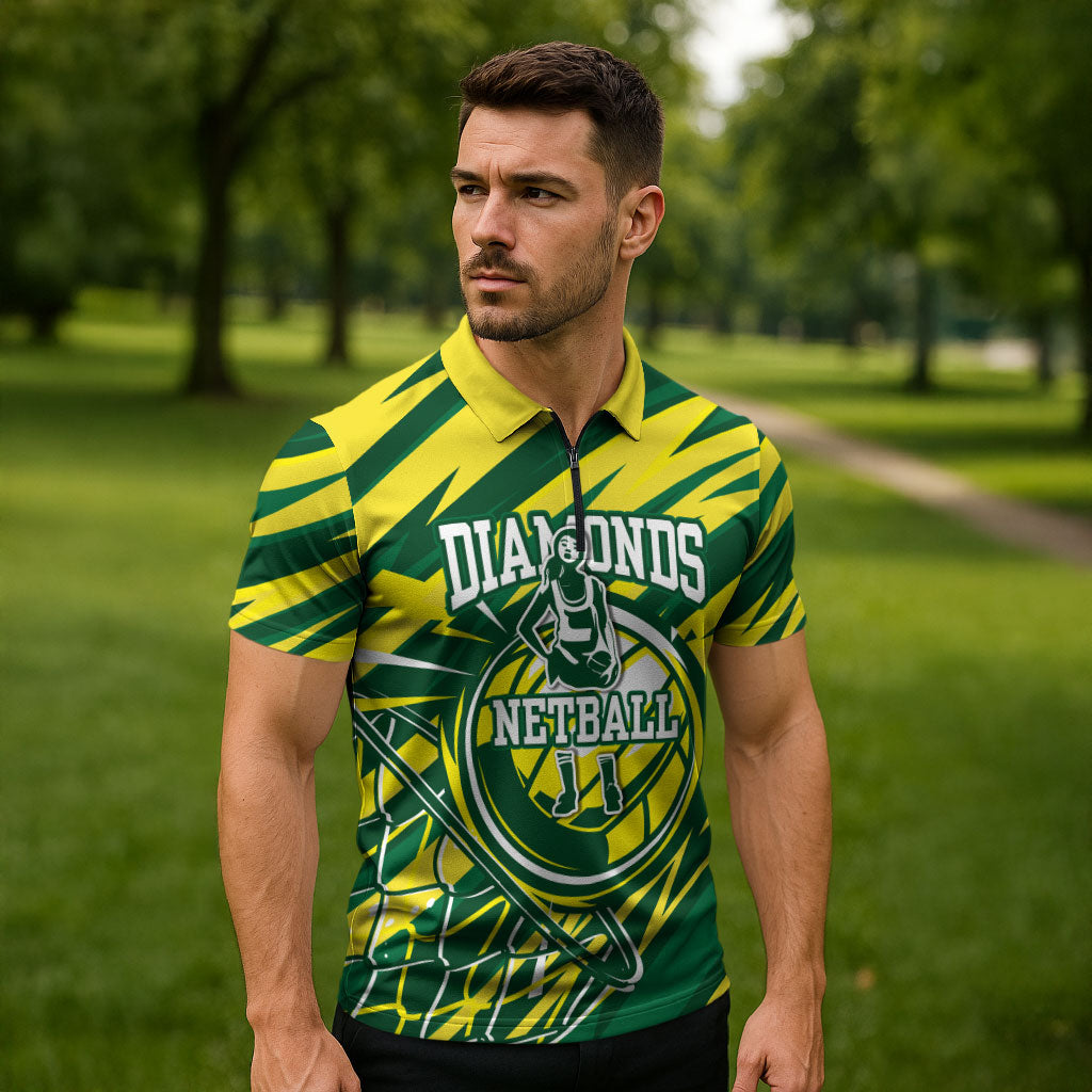 Australian Diamonds Netball Zipper Polo Shirt Sharp Abstract Slash Pattern With Netball Graphic Art