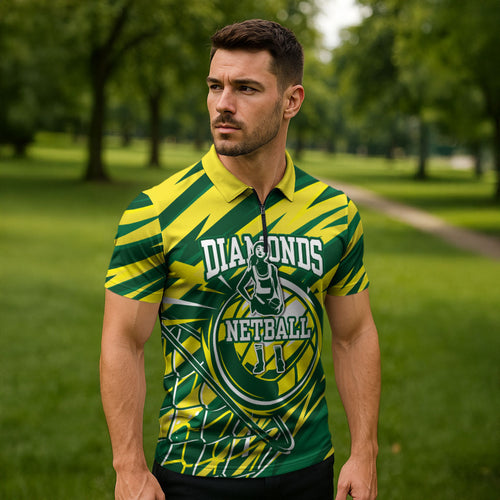 Australian Diamonds Netball Zipper Polo Shirt Sharp Abstract Slash Pattern With Netball Graphic Art
