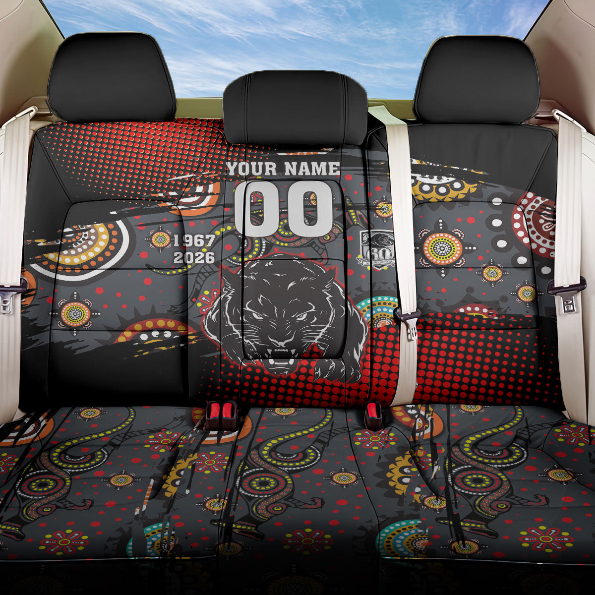 Personalised Panthers 60th Anniversary Back Car Seat Cover Aboriginal Indigenous Dot Art - Halftone Pattern 1967-2026