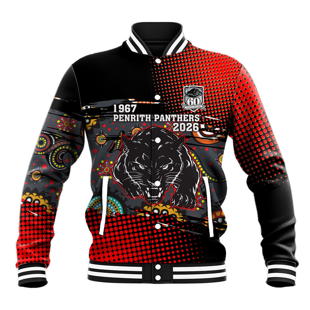 Personalised Panthers 60th Anniversary Baseball Jacket Aboriginal Indigenous Dot Art - Halftone Pattern 1967-2026