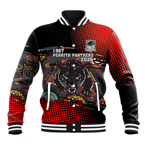 Personalised Panthers 60th Anniversary Baseball Jacket Aboriginal Indigenous Dot Art - Halftone Pattern 1967-2026